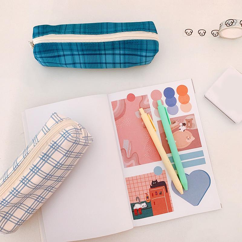 1pcs Student Zipper Pencil Bags Large Capacity Canvas Simplicity Checkered School Stationery Boxes Pencil Case Stationery Bag