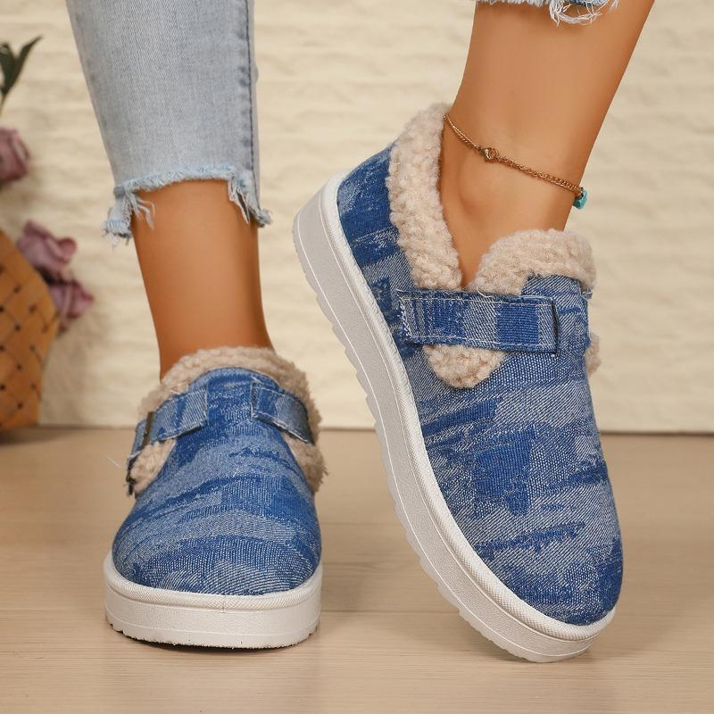 Neue warme Denim-Baumwollschuhe mit Fleece in Übergröße, flache und warme Slipper