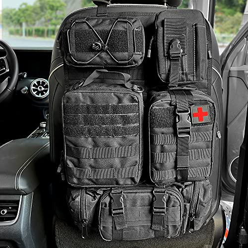 FUNY Tactical Car Seat Back Organizer, Upgraded Tactical Vehicle Panel Organizer with 5 Removable Molle Pouches, Universal Fit for Most Vehicles (Blac