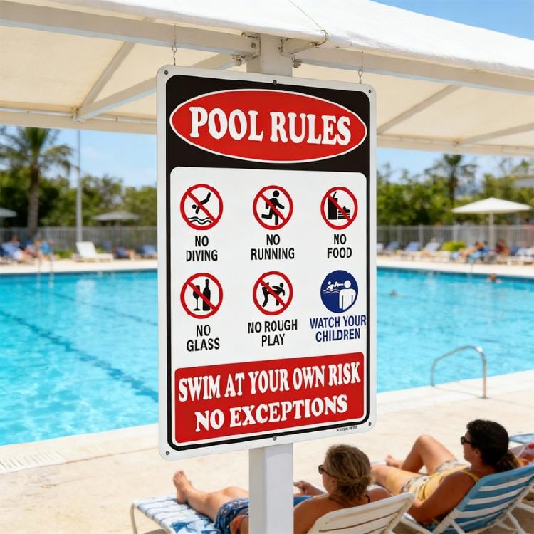 Swimming Pool Rules And Regulations Sign Warning Notice Board For Enhanced Safety Awareness Around Water Areas