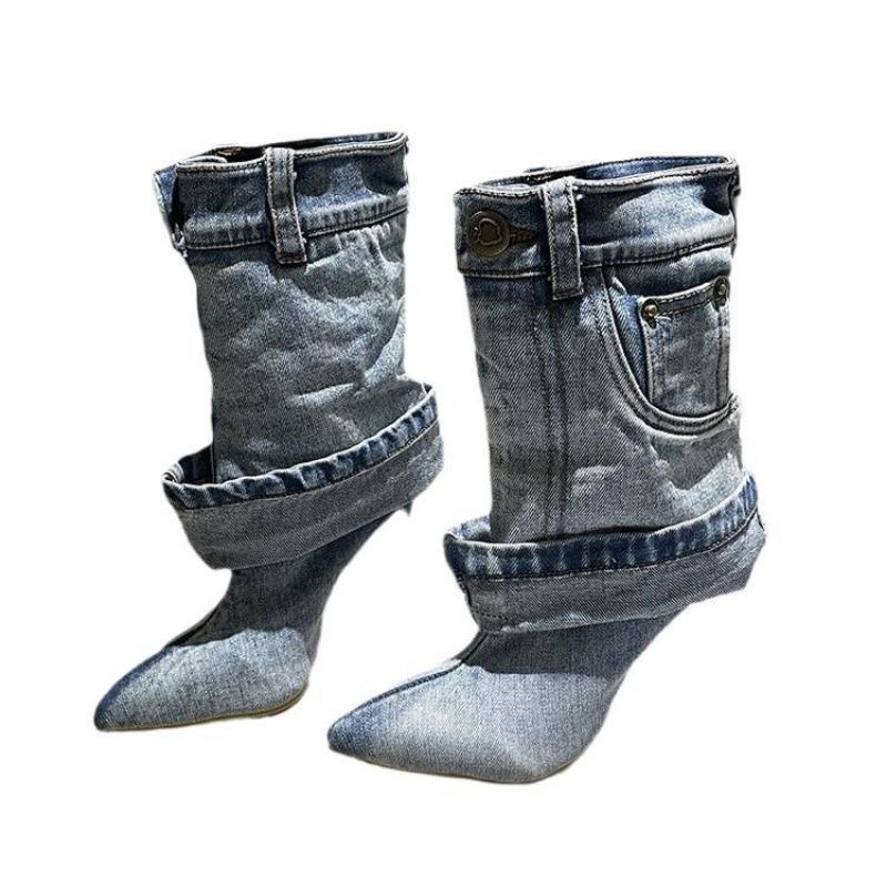 Fashion Hot Selling 2025 Winter New Women's Fashion Denim Pointed Toe High Heels Mid-calf Fashion Boots Women's Sleeve Cowboy Boots