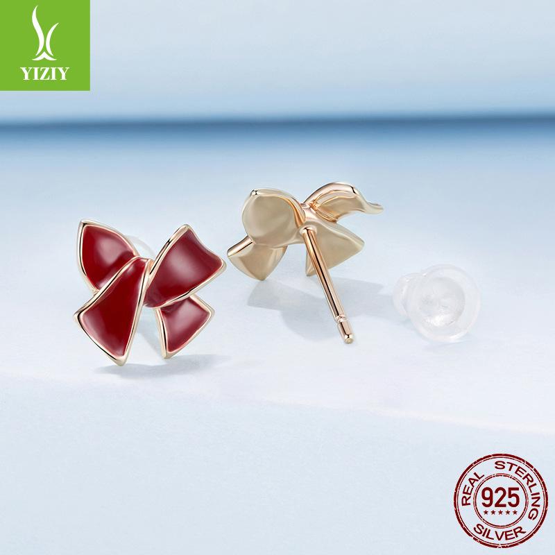 Burgunder Schleifenstecker Exquisit und Elegant S925 Sterlingsilber Hongkong Stil Stecker