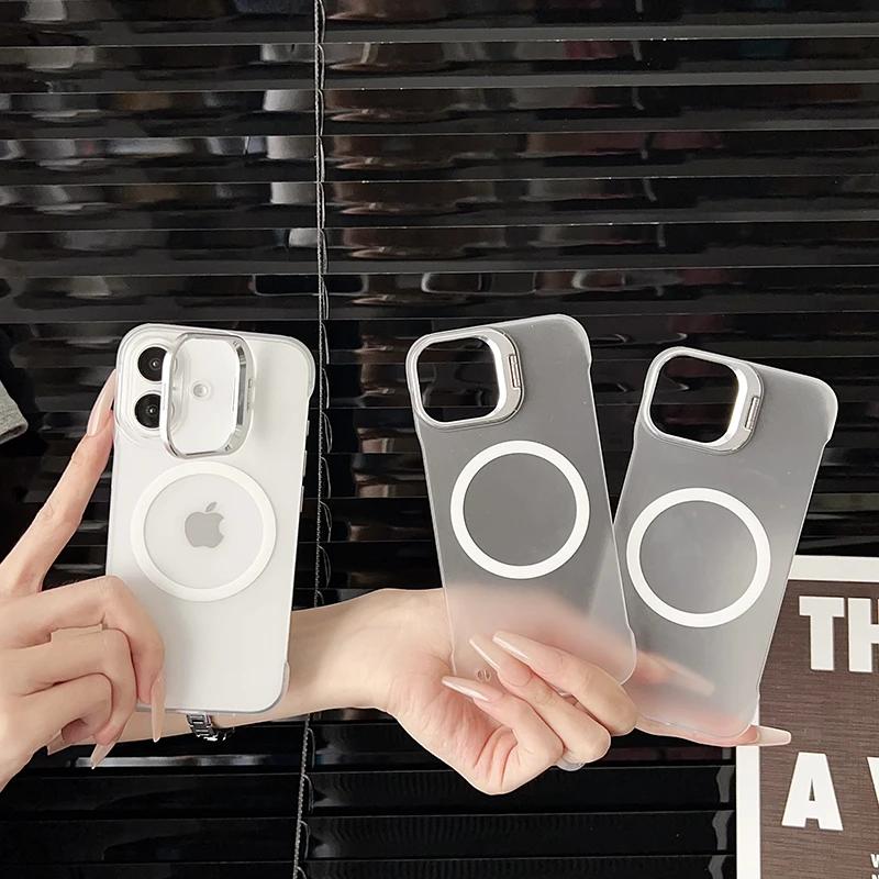 Frameless Magnetic Lens Stand Phone Case For iPhone 16 15 Pro Max E 14 13 Ultra Thin Wireless Charge Cover with Camera Bracket