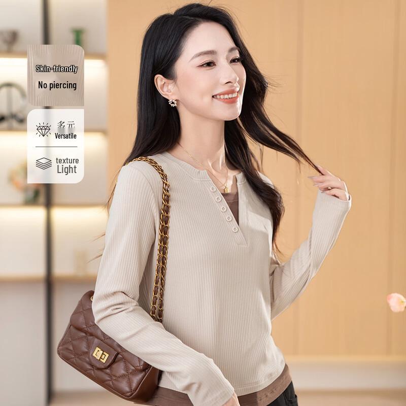Demana Women s Fake Two-Piece Long Sleeve V-Neck T-Shirt L