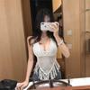 Lace-up Neck Small Vest, Sling Women's Summer Short Style with Chest Pad Inside, Backless Hollow Tube Top Embroidered Vest