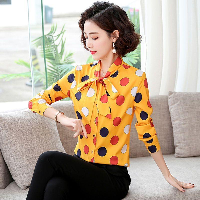 Bow Tie Tied Long Sleeved Top Korean Version Chiffon Shirt Women's Spring Autumn New Polka Dot Bottoming Blouse S-5XL