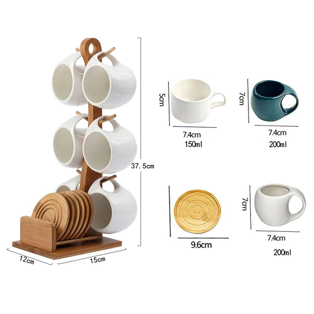 Nordic Style Ceramic Coffee Mug Set with Natural Bamboo Tree Cup Holder and Non-slip Coasters Stylish Kitchen Organizer for Tea and Coffee Home Decor