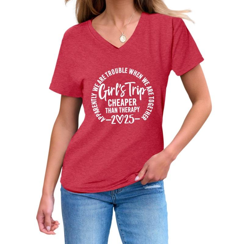 Inspirational Text Printed Top Loose Casual Simple V-neck Short Sleeved Women's T-shirts