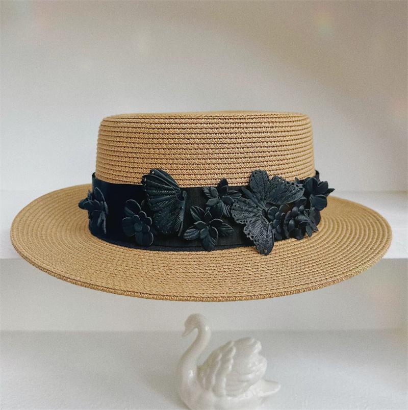 

202604-shi chic ins summer pu flower butterfly weave paper grass grace lady fedoras cap women leisure panama hat head size 57cm хакі