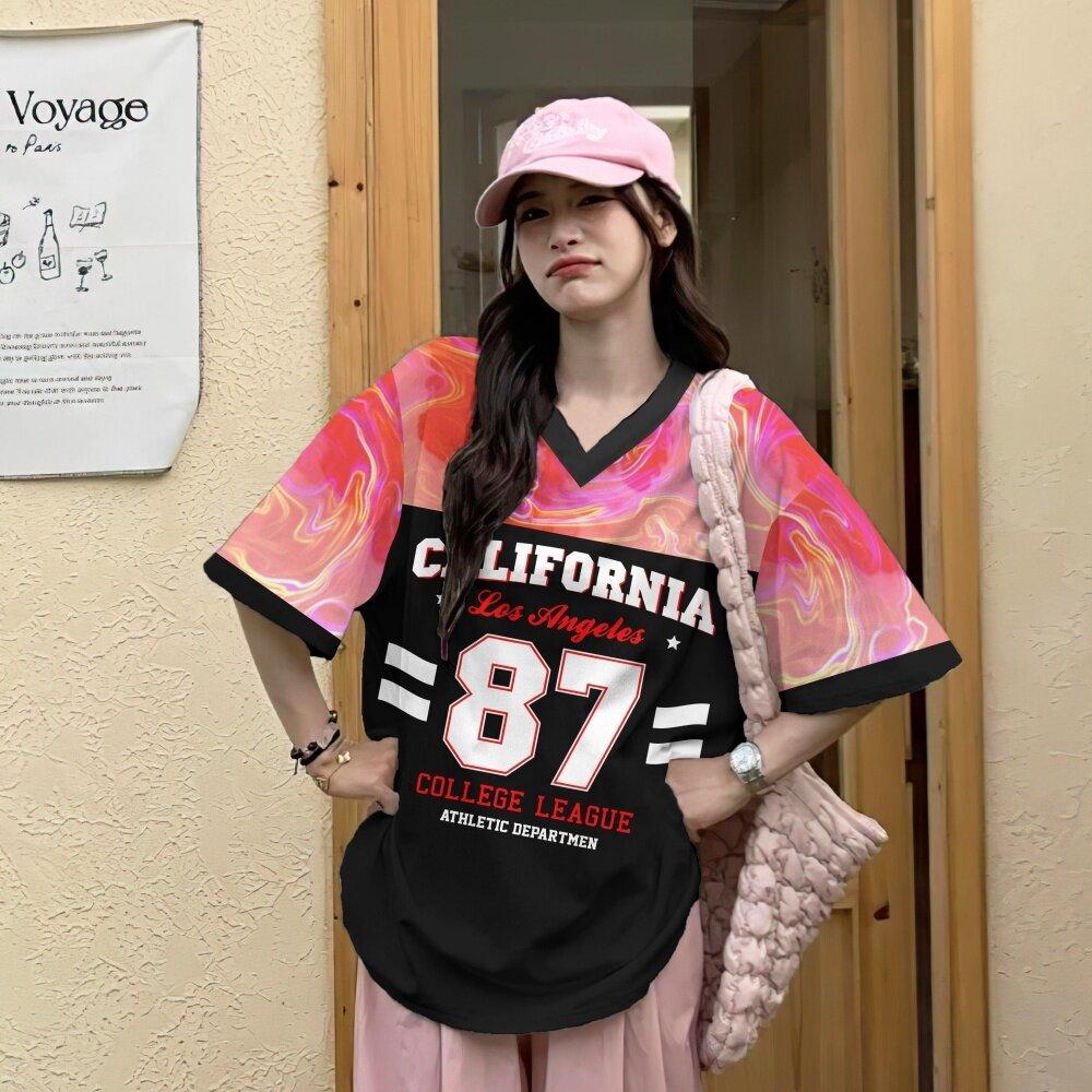 Korean women's T-shirt V-neck short sleeved top with digital pattern printed women's Jersey T-shirt