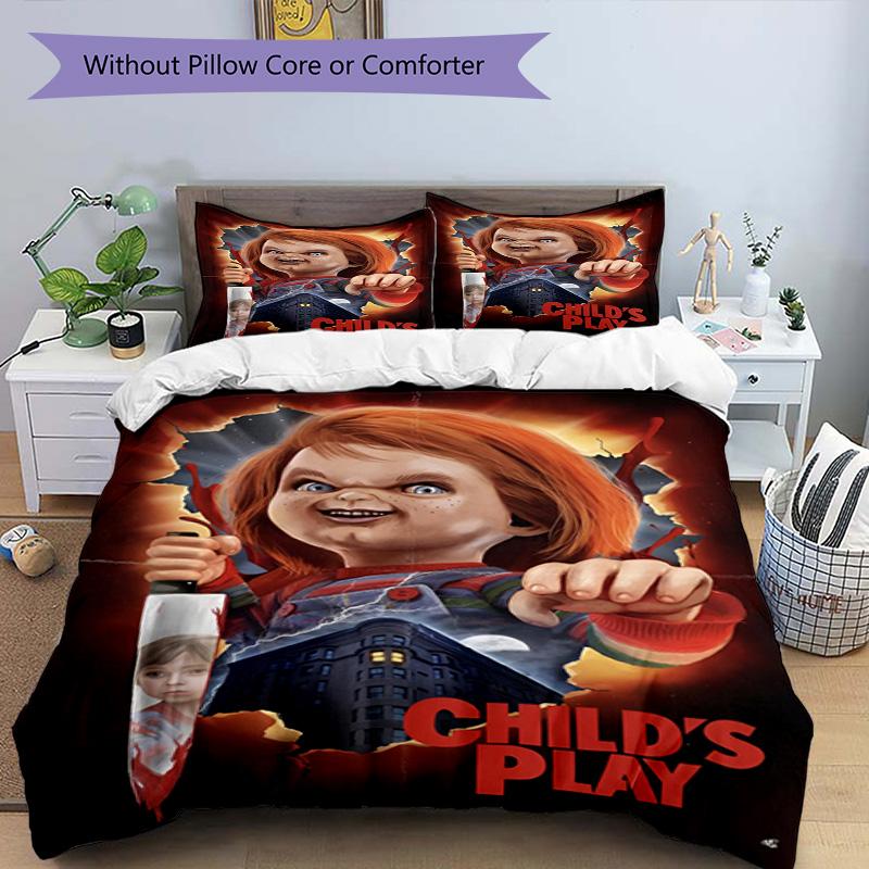 3pcs Duvet Cover Set (1*Duvet Cover + 2*Pillowcase, Without Core), Bride of Chucky Print Bedding Set, Bedroom Decor, All‑Season, Birthday Gift