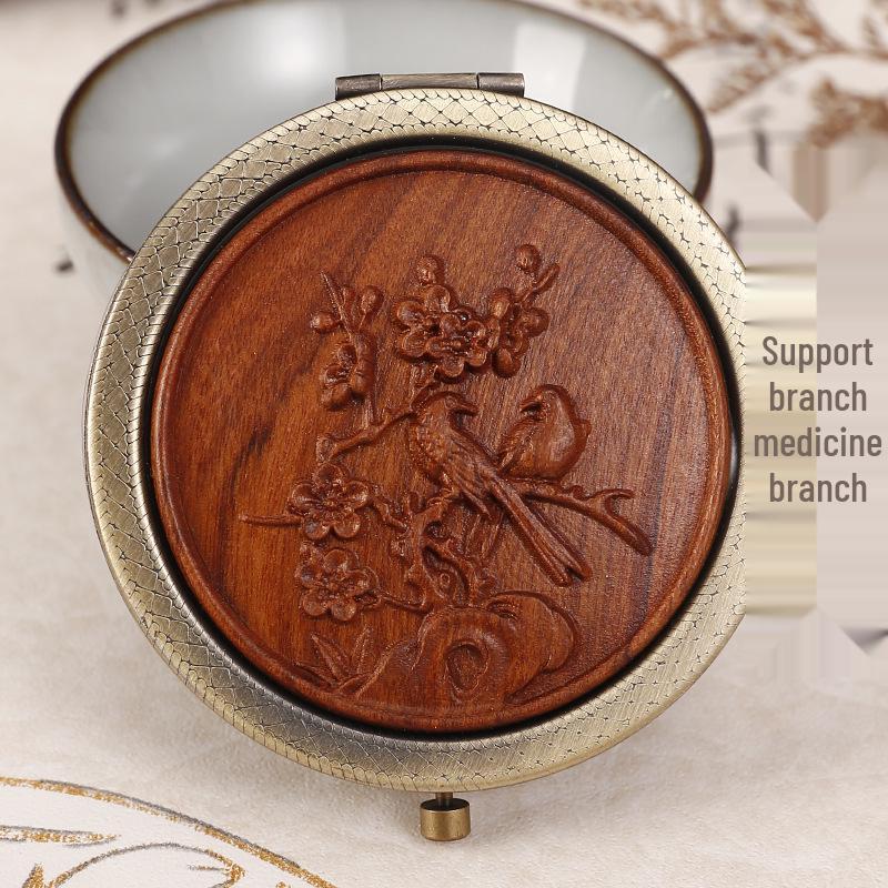 Portable Green Sandalwood Folding Vanity Mirror - Exquisite Round Design, 5 Styles Available