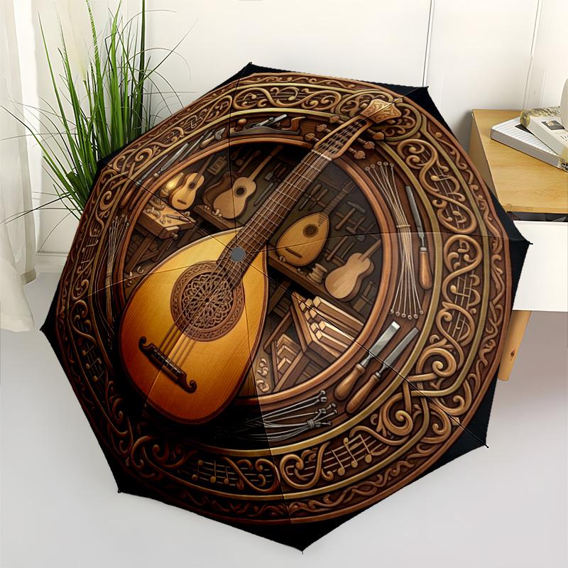 Guitar Craftsmanship Artistry pattern umbrella, portable and foldable design, 8 ribs, a casual accessory for Halloween, Christmas, and birthday gifts.