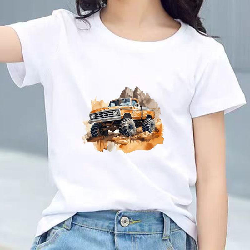 Kids Cotton T Shirt Retro Watercolor Offroad Car Print Crew Neck Short Sleeve Tee Casual Breathable Boys Girls Summer Tops