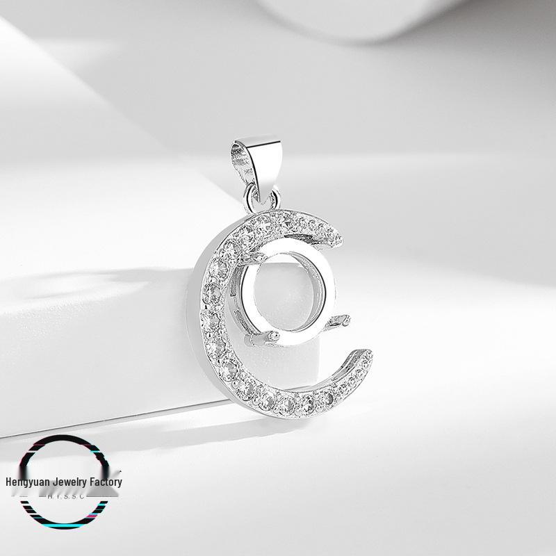 Popular Little Moon Pendant Necklace Setting: Women's Copper DIY Inlay, Fits 6-10mm Round Cabochon, Imitation 925 Silver Finish.