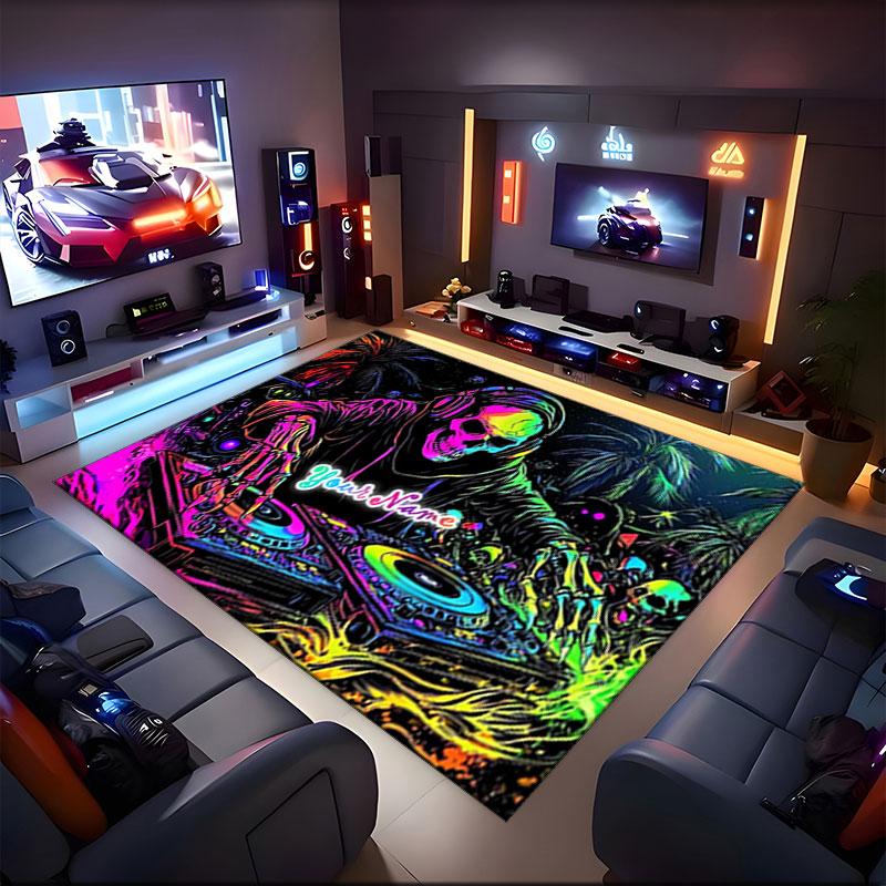1PC Custom Name "Neon Skull DJ Party" Theme Floor Mat Ideal for Living Room, Game Rooms, Office, Bedroom,Floor Mat Playful Design