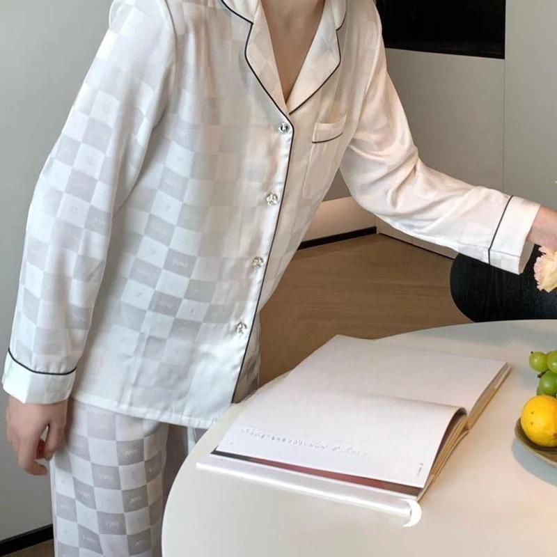 Women Spring Autumn Two Pieces Sets Pajamas Long-sleeved Cardigan Lapel Trousers Sleepwear Thin Plaid Loose Soft Silk Homewear