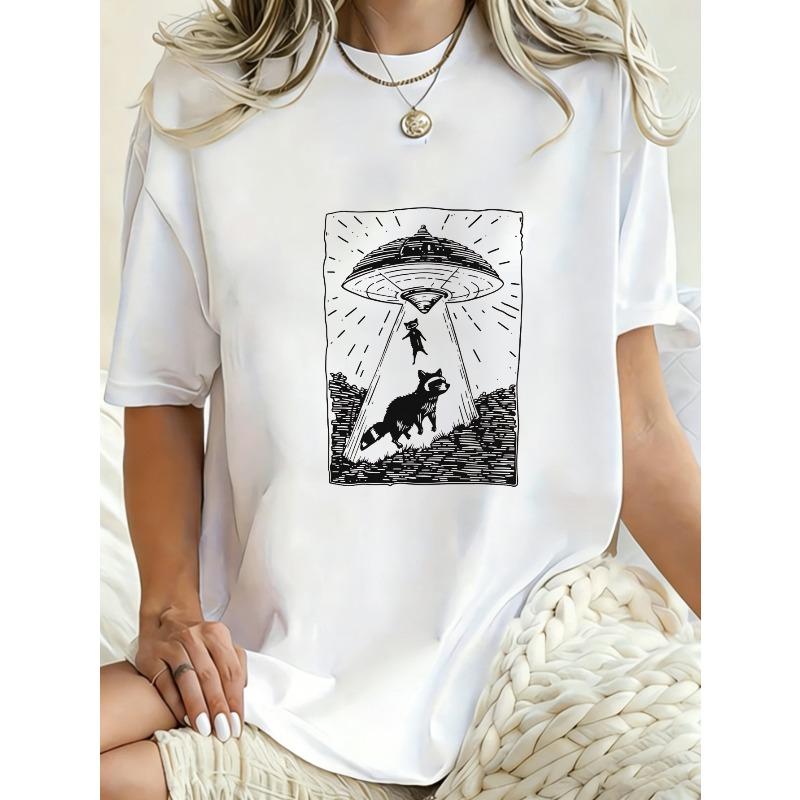 Oversized T Shirt Dress Black Alien UFO Dog Print Casual Streetwear Style