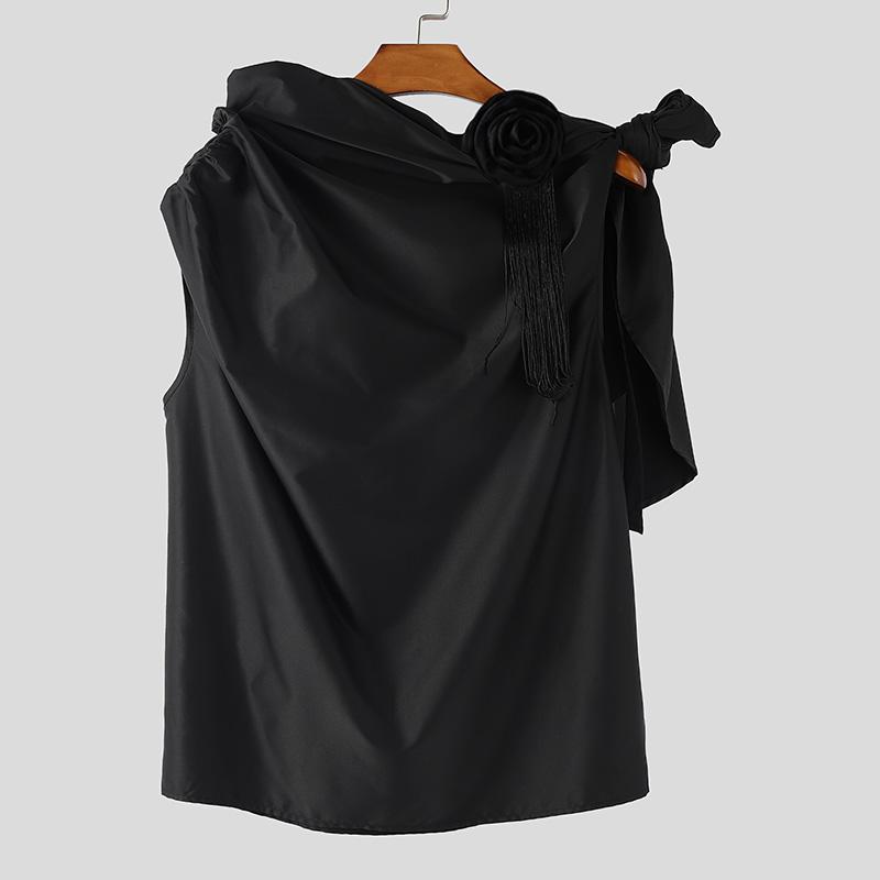 

INCERUN Мужские майки оверсайз с отложным воротником, без рукавов, с цветочной кисточкой и оборками, повседневные чёрный