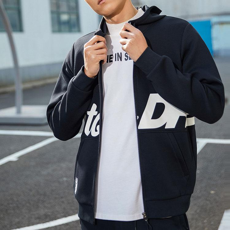 Anta Basketball Series Letter Print Knit Hooded Jacket Men Outerwear Black 152211708-2