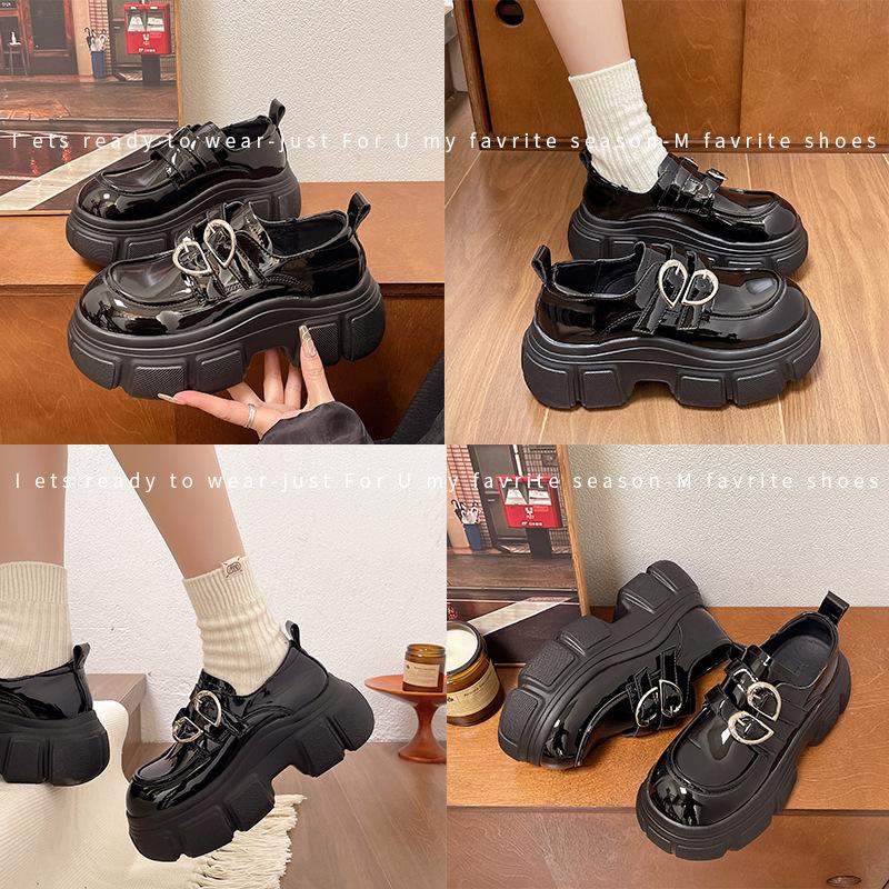 thick-soled double-buckle loafers, leather Velcro thick-heeled women's shoes, versatile muffin-soled leather shoes, high-heeled deep-mouth
