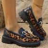 Retro Suede Leopard Loafers Shoes for Women Metal Decoration Round Toe Women's Loafers Casual Chunky Platform Shoes Lady