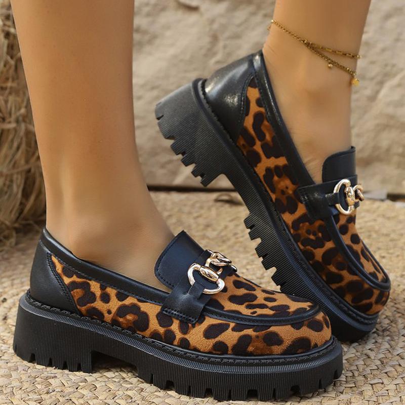 Retro Suede Leopard Loafers Shoes for Women Metal Decoration Round Toe Women's Loafers Casual Chunky Platform Shoes Lady