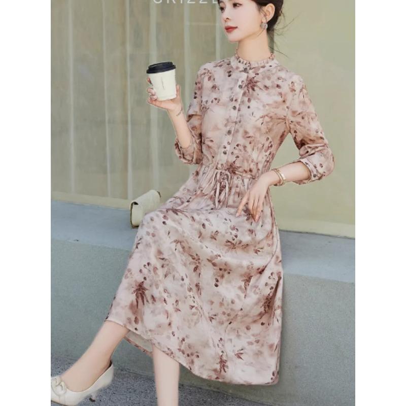 Women's Floral Three Quarter Sleeve Stand Collar Drawstring Waist Long Casual Dress