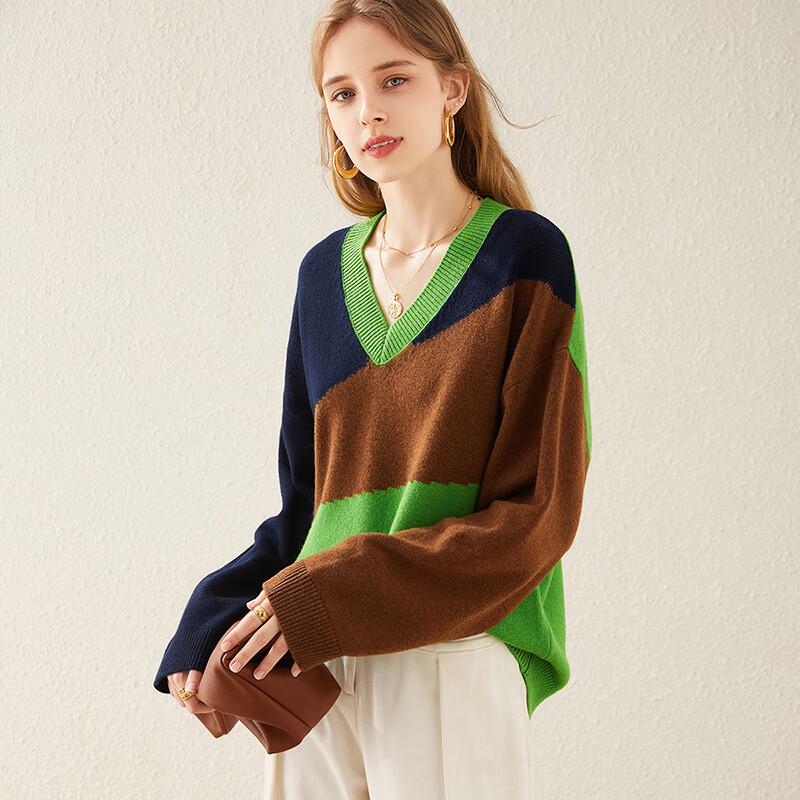 Women's Thick 100% Wool V-Neck Color Block Sweater