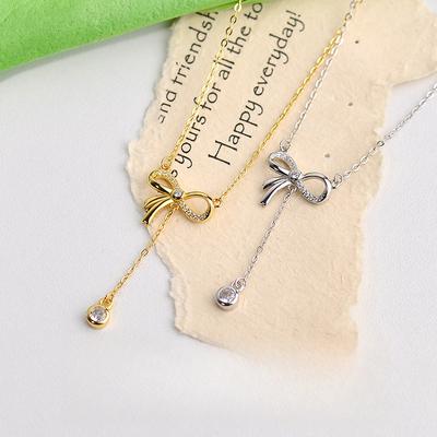 Spring Sweet Bow Water Drop Dripping Tassel Necklace Y-shaped Clavicle Chain Light Luxury Trend