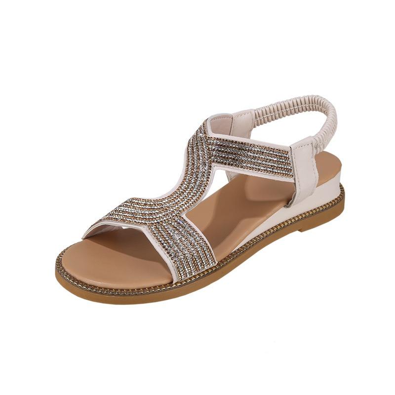 Women's Rhinestone Peep Toe Roman Sandals, Flat Sole Casual Beach Daily Footwear
