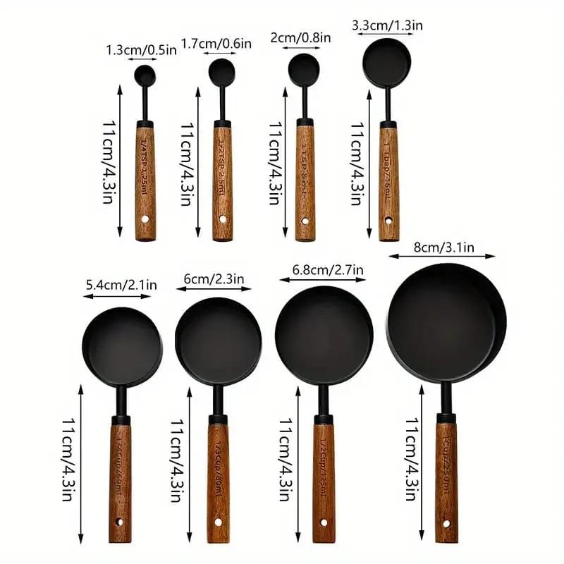 8-Piece Stainless Steel Measuring Cup & Spoon Set with Titanium Gold & Wooden Handles