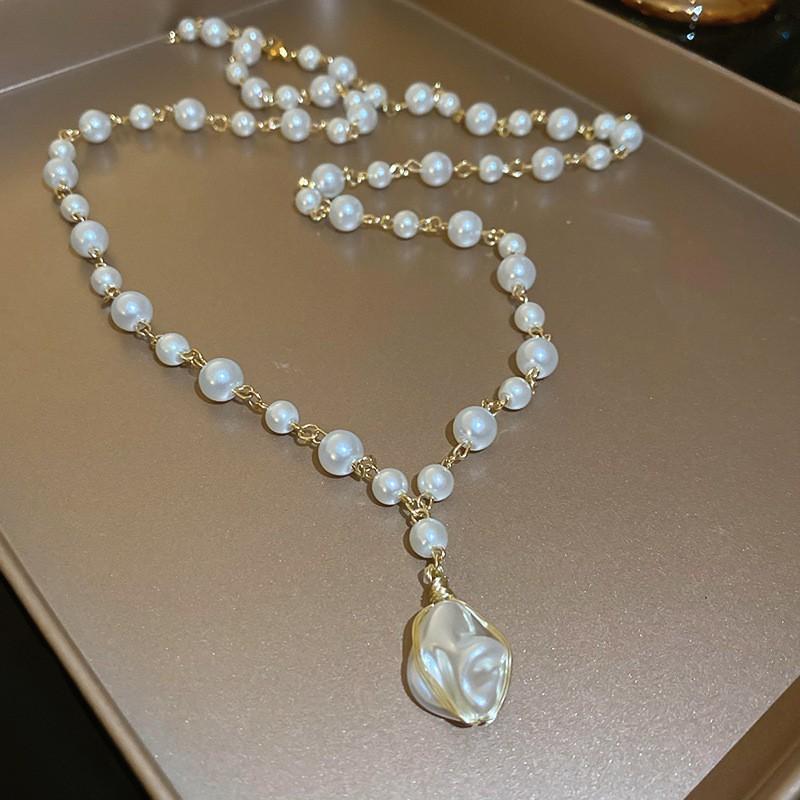 Diamond Water Drop Pearl Beaded Necklace Autumn and Winter French Light Luxury Sweater Chain Fashionable Versatile High-end Jewelry
