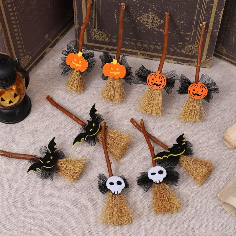 Small Witch Broom with Ghosty/Pumpkin/Bat Halloween Witches Broomstick Hanging Ornaments Halloween Decorations Gift