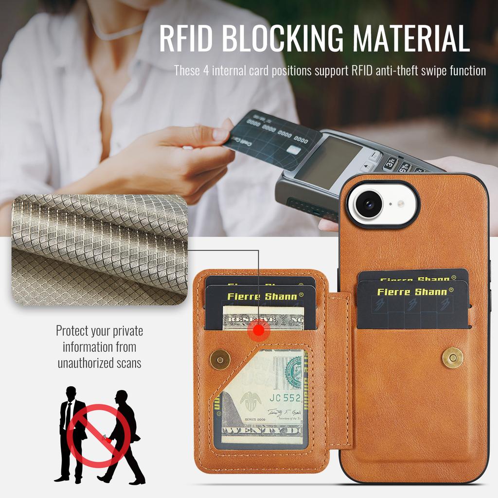 FIERRE SHANN 024 For iPhone 16e Case Card Holder Kickstand Waxy Texture Leather+TPU Phone Cover