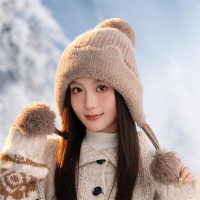 New Winter Thickened Cold-proof Plush Women's Cute Hairball Knitted Wool Ear Cap Warm Ski Hat