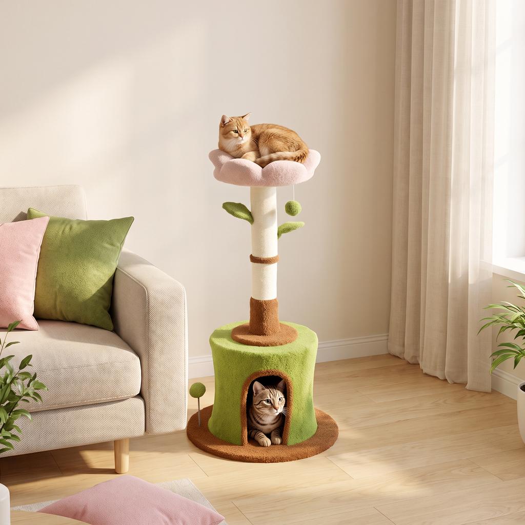 Cat Tree for Indoor Kittens, 88cm Flower Cat Tower with Condo & Bed, Scratching Post, 2 Toy Balls and 2 Crinkle Leaves