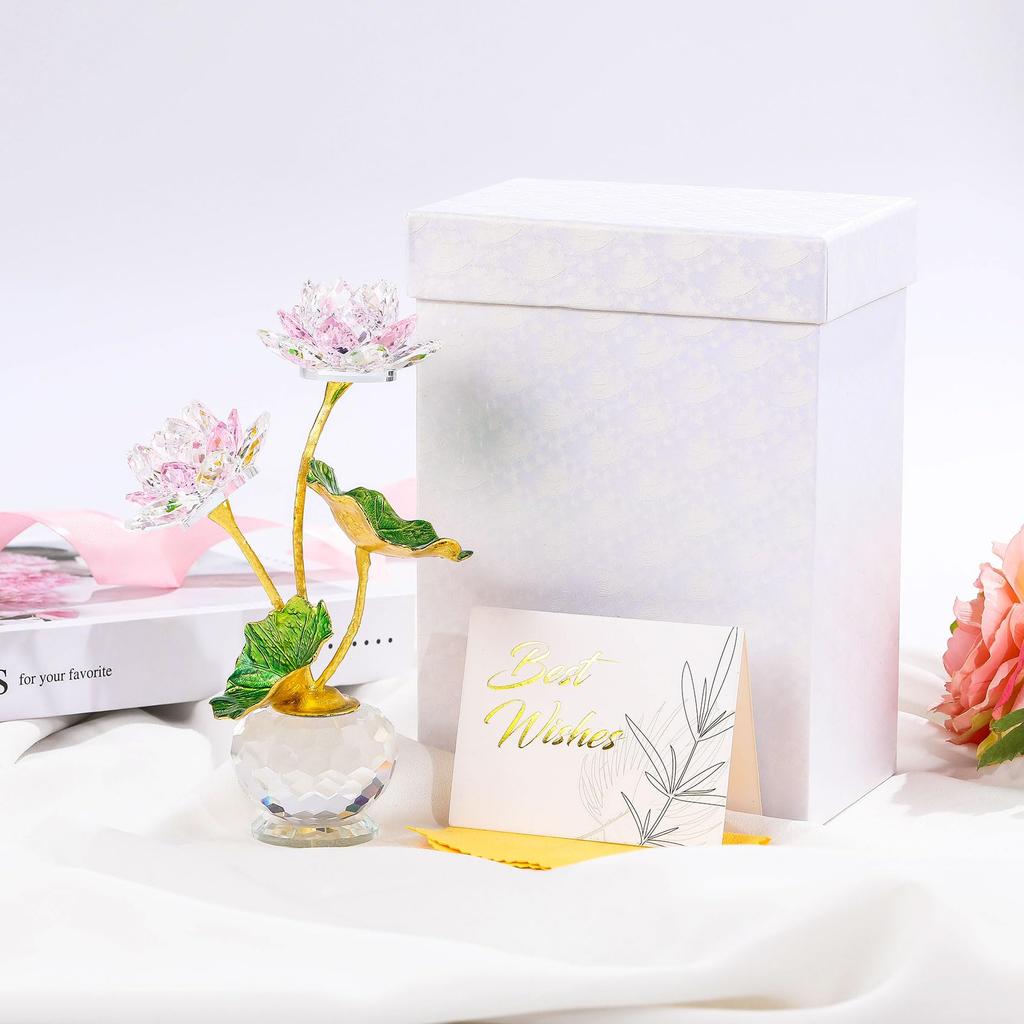 Kertari Crystal Lotus Artificial Flower Interior Ornament Lucky Charm K9 Crystal Glass Lotus Flower Metal Lotus Leaf Feng Shui Item Everlasting Flower