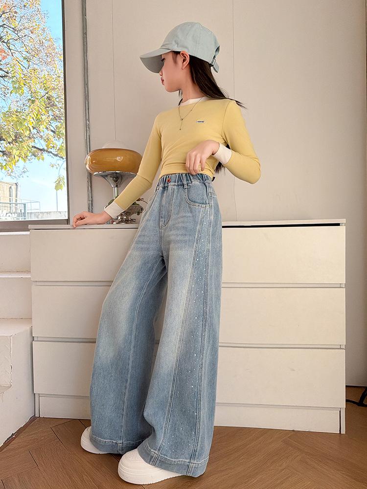 Girls' Rhinestone Straight-Leg Wide Jeans - Versatile Spring and Autumn Fashion 2026