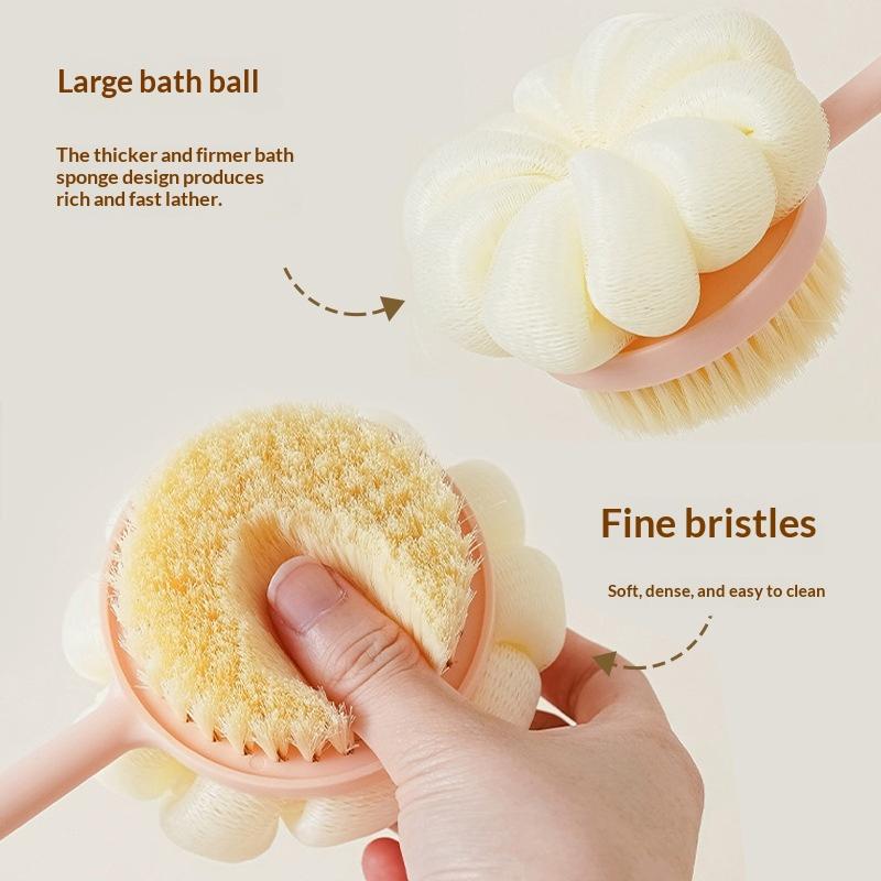 2 In 1 Long Handle Exfoliating Bath Brush Soft Bristles Loofah Puff Back Scrubber for Home Shower Body Cleaning