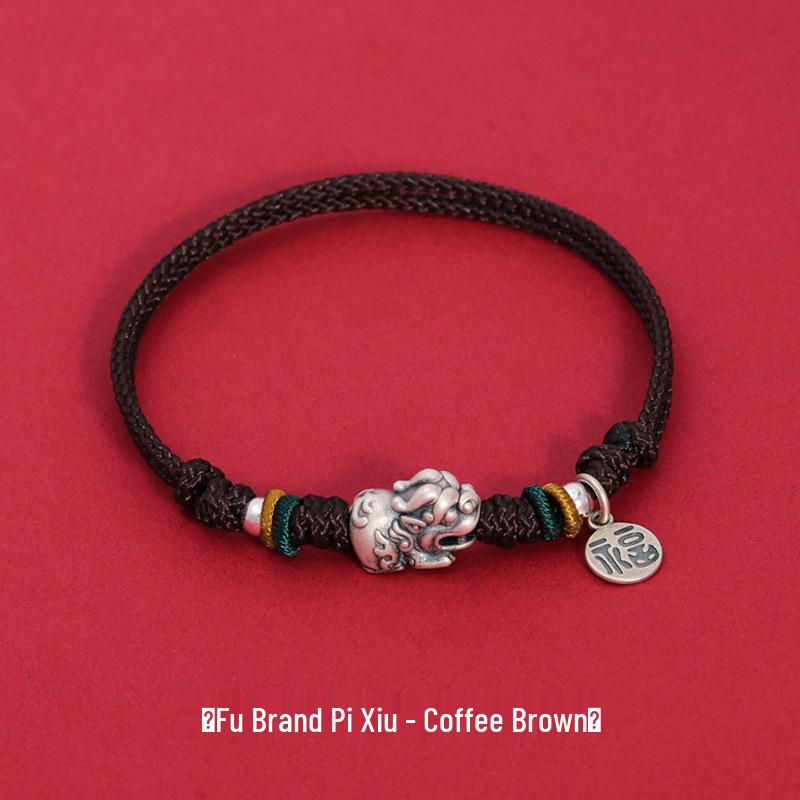 Chinese Style S925 Silver Pixiu Hand-Woven Bracelet for Couples - Fu Brand Women's National Style Qixi Gift Rope