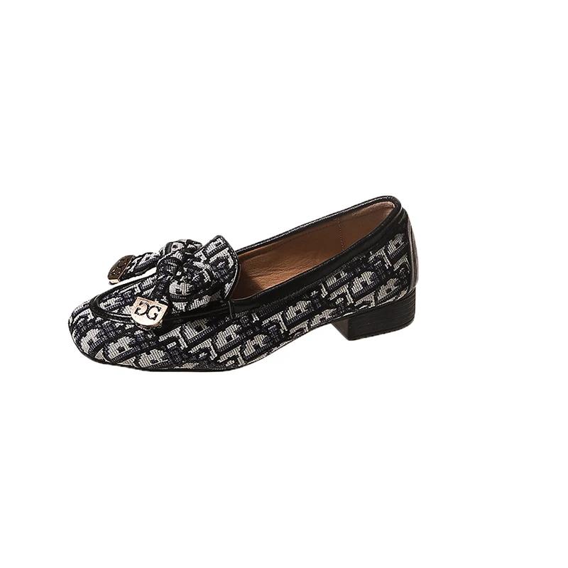 

Женские туфли-лоферы с бантом и принтом на случайных квадратных каблуках 2024 года, новая модная женская повседневная обувь класса люкс, туфли-лодочки Zapatos Mujer 35 синий