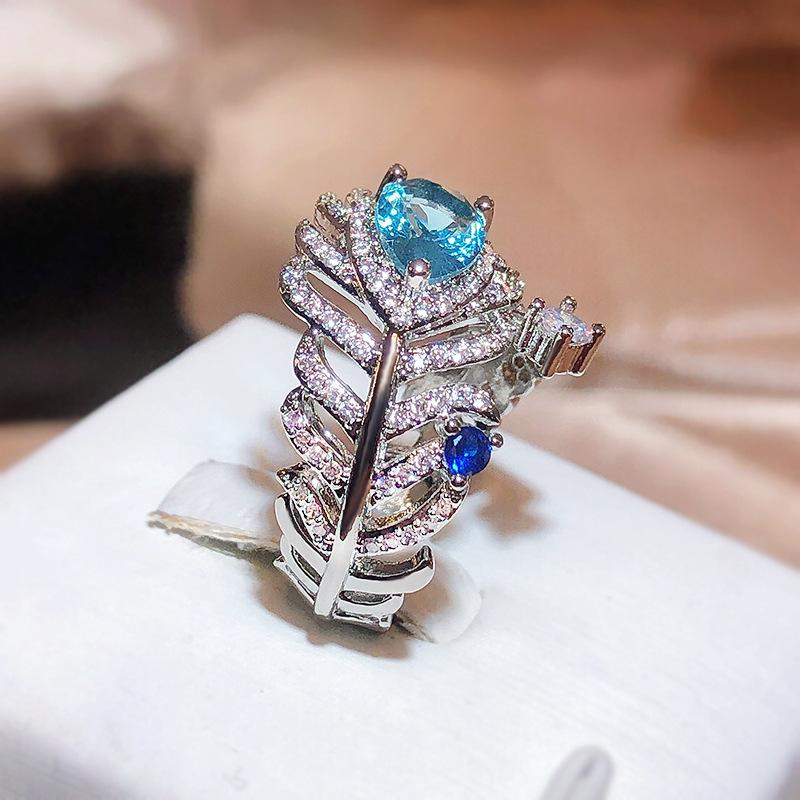 Blue Zircon Feather Ring Women'S Light Luxury Temperament Aquamarine Elegant Opening Adjustable Ring