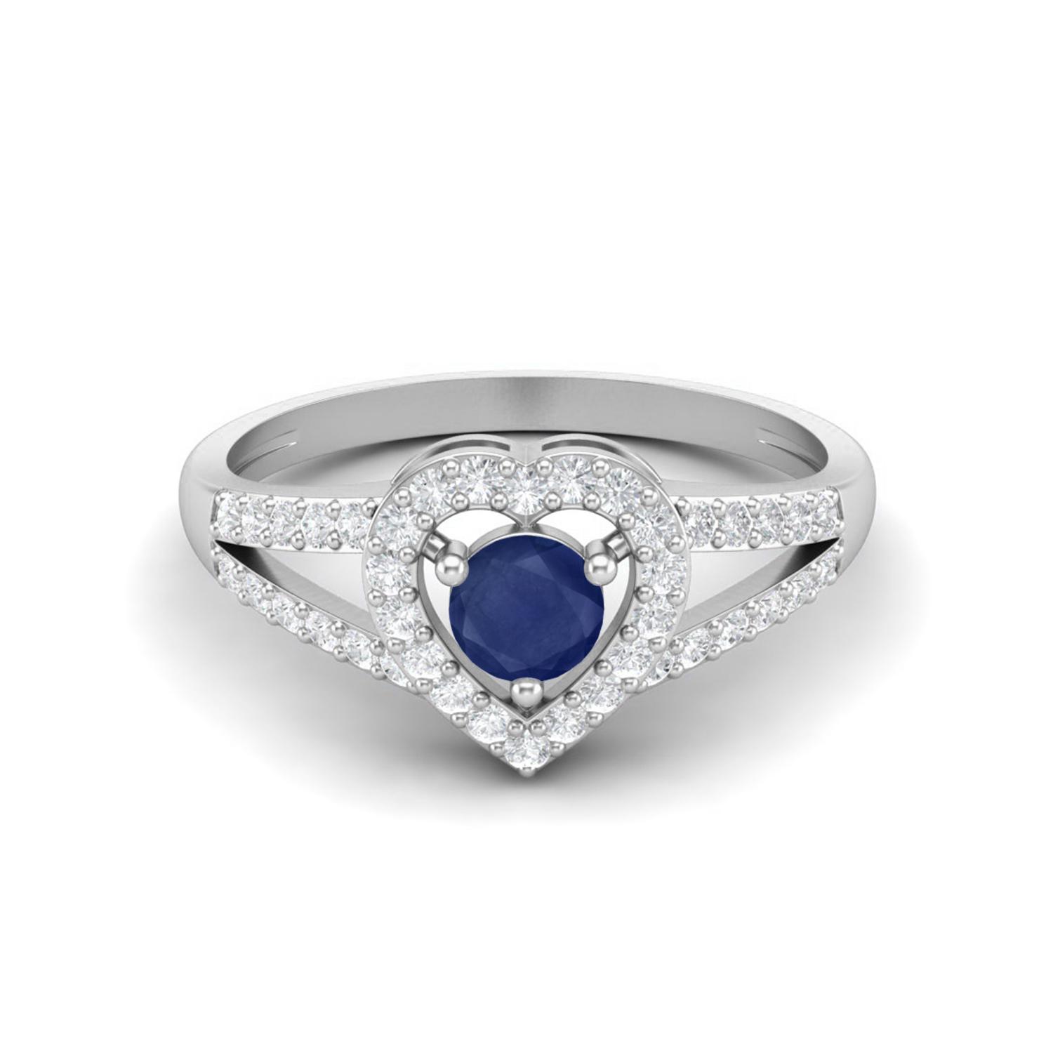0.92 Cts Round Blue Sapphire 925 Sterling Silver Solitaire Accent Heart Women Wedding Ring
