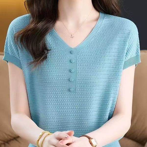 Summer Women's Knitted Short Sleeved T-shirt Knitted Loose Top Slimming Mom