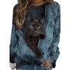 Plus Size Fashion Women's Round Neck Long Sleeve Shirts Basic Lightweight Pullover Tops Casual Cartoon Cat Printed Blouses