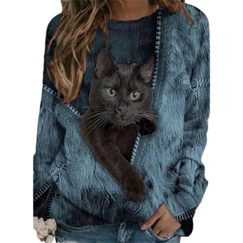 Plus Size Fashion Women's Round Neck Long Sleeve Shirts Basic Lightweight Pullover Tops Casual Cartoon Cat Printed Blouses