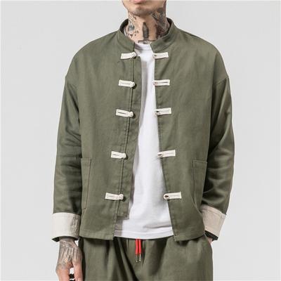 Kraag Gesp Jas Oosterse Katoenen Kung Fu Shirt Heren Casual Shirt Staande Kraag Lange Mouw Tops Chinese Traditionele Retro Jas