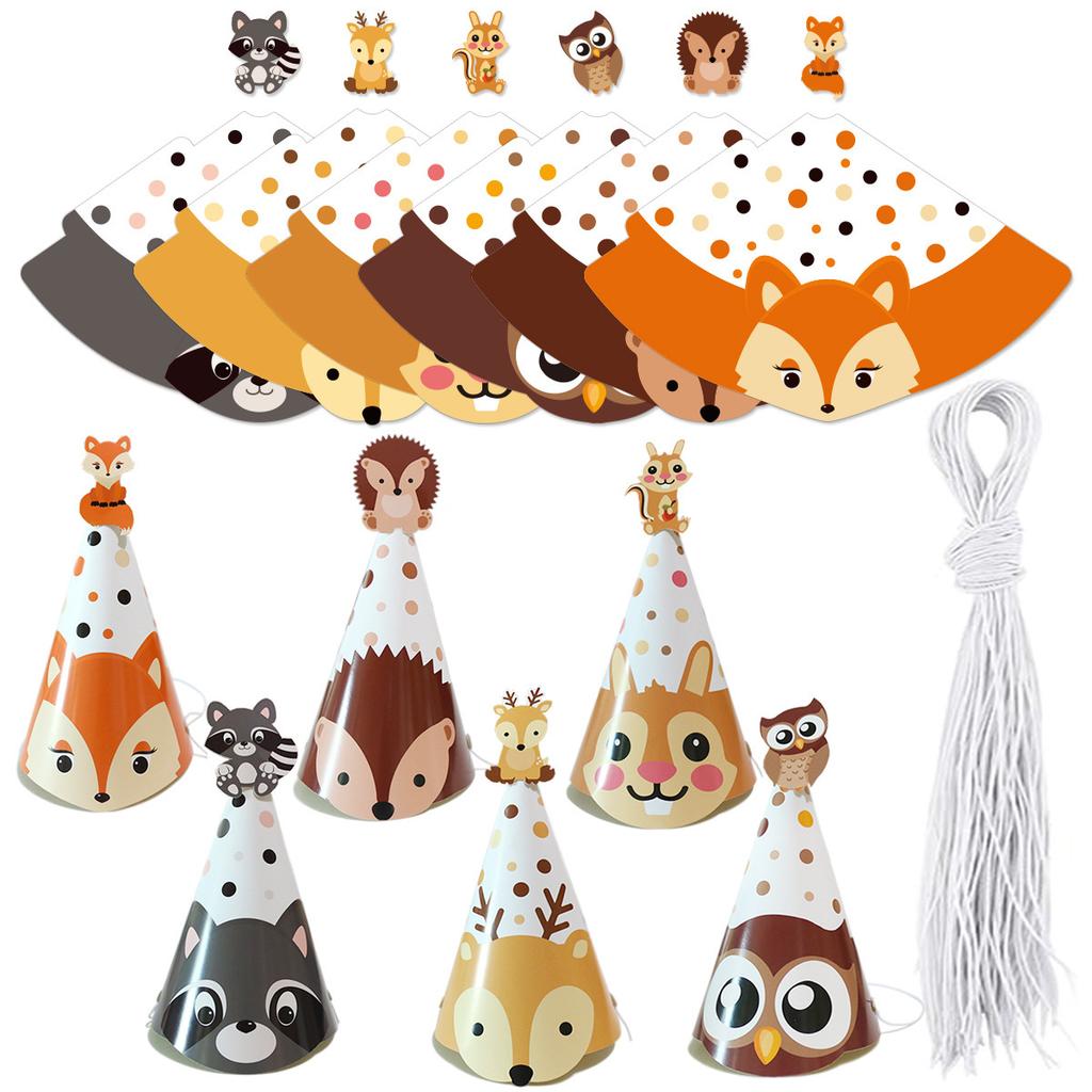 6-Piece Set, Children'S Birthday Party Hat Cartoon Squirrel Hedgehog Animal Paper Hat Birthday Hat Customization