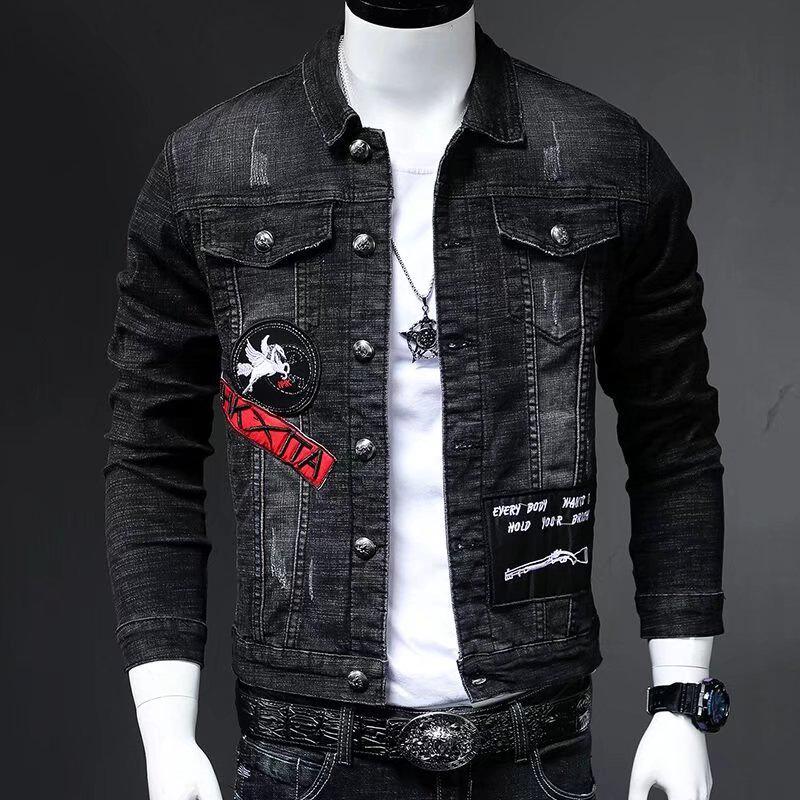 Men's European Retro Slim Stretch Denim Jacket - 2022 Spring/Autumn Trend, Embroidered Design